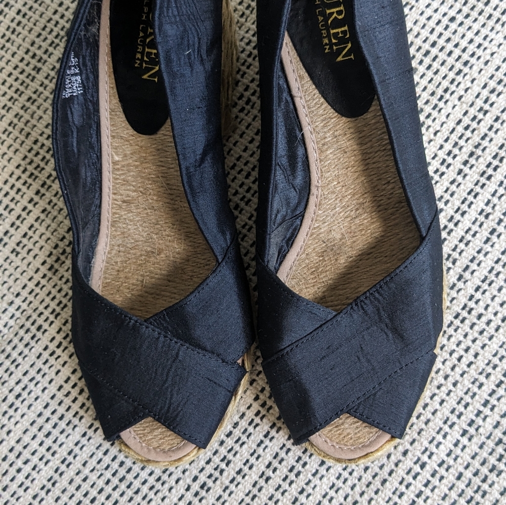 Ralph Lauren Cecilia Shantung Silk Espadrille Black Wedge 7